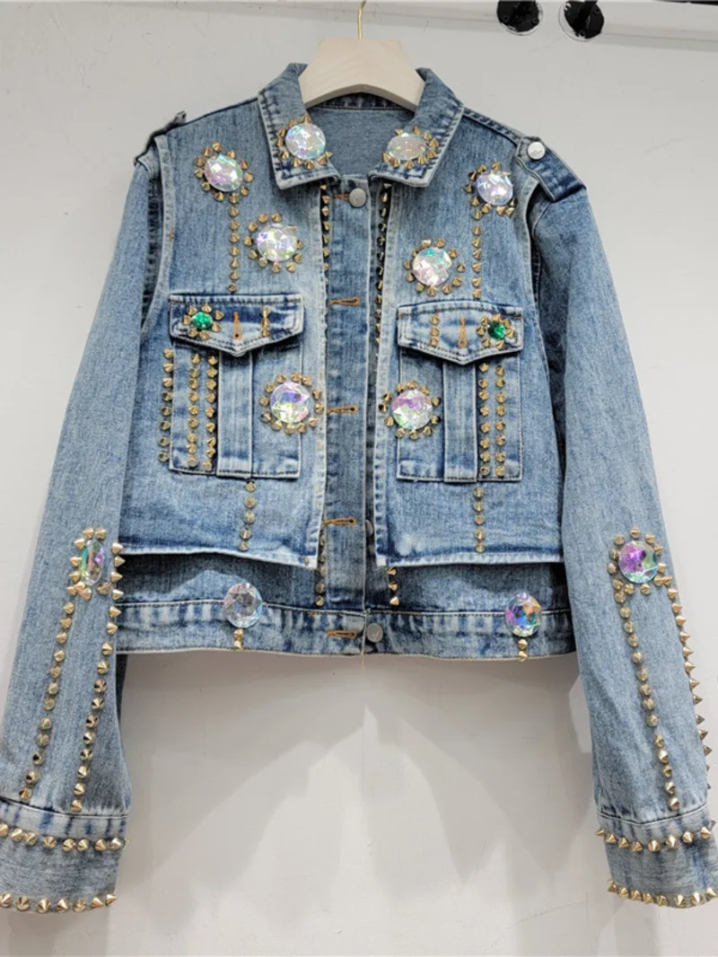 Heavy Handmade Design Rhinestone Beaded Slimming All-Matching Short Denim Jacket Women Jean Jacket Trendy 2024 Fall New Clothes