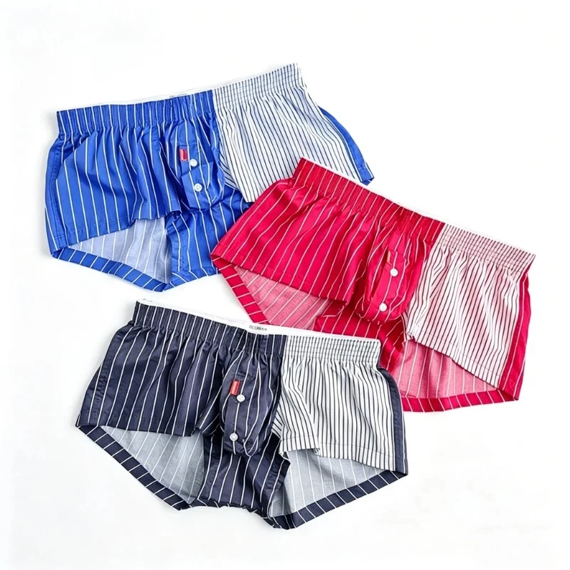 

Комплект из 3 шт. SEOBEAN: Мужские полосатые боксеры из 100% хлопка с цветными блоками, мягкие, дышащие, для сна, отдыха дома, пижама, нижнее белье