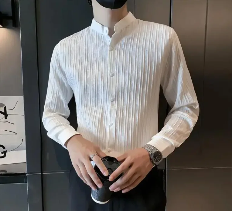 

Men's Korean style stand up collar seven quarter sleeve breathable striped shirt