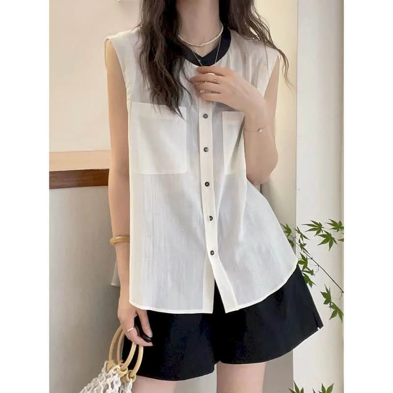 Sleeveless Shirts for Women Vintage Solid O-neck Loose Casual Korean Style Single Breasted A-line Blouse Women Office Lady Tops