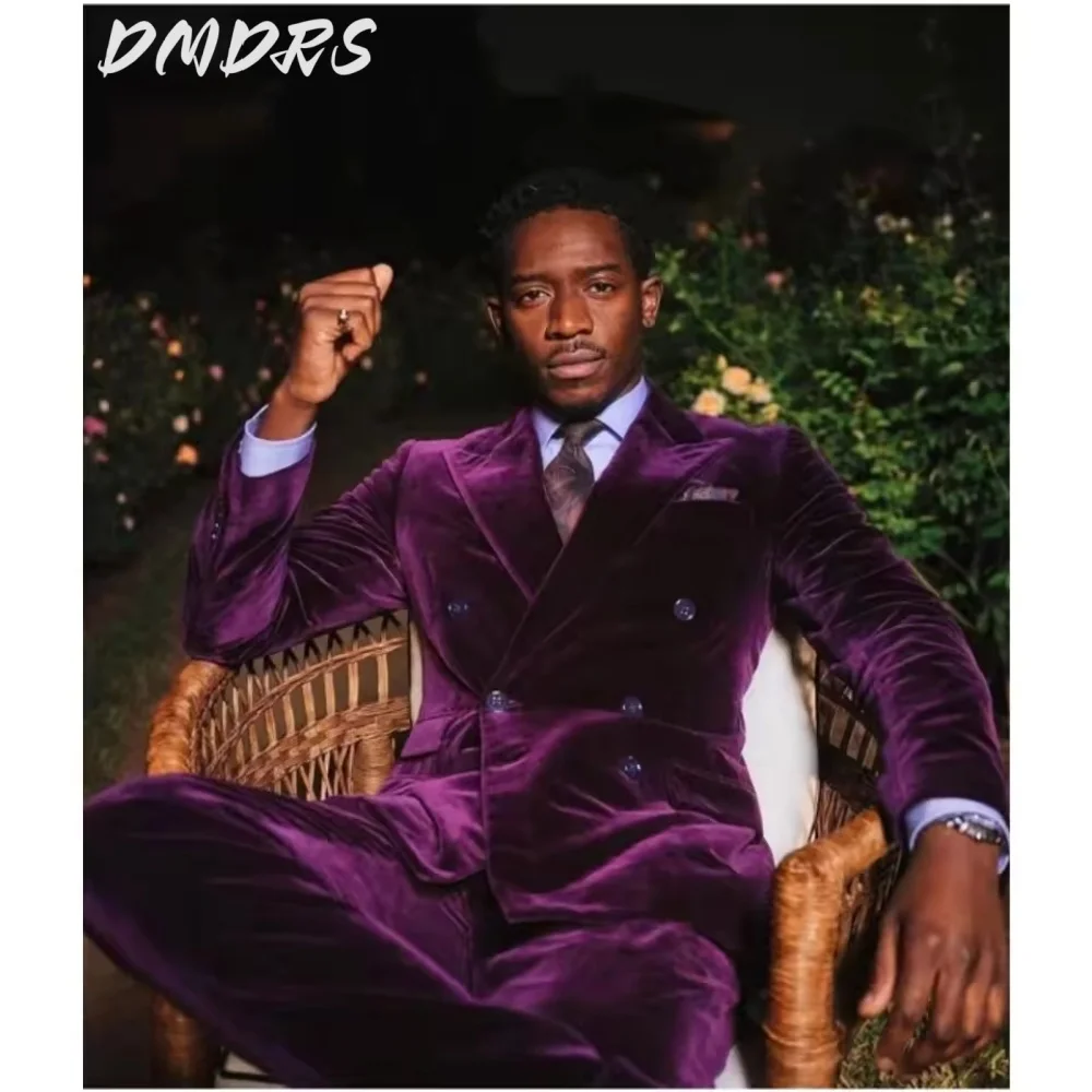 

Classic Velvet Double Breasted Men Suits Elegant Solid Color 2 PCS Jacket Pants Charming Groom 2025 Wedding Slim Fit Outfits