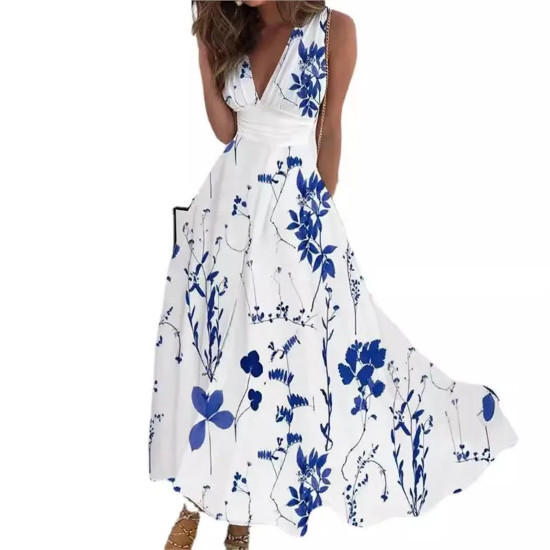 Elegant Flower Print Women Party Dress 2024 Summer New Fresh V-neck High Waist Sleeveless Sexy Evening Dress Robe Femme Vertidos