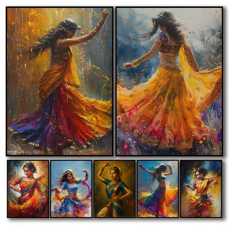 (2D Canvas Painting)  Abstract Graffiti Indian Woman Dancing Rain Dance Desi Style Beauty Girl Poster Canvas Painting Wall Ar
