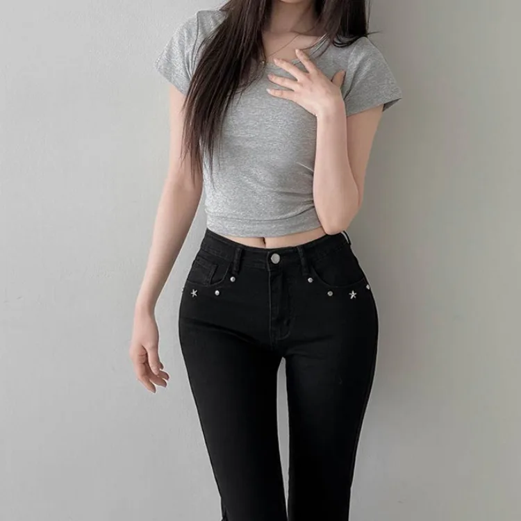 Low Waist Bell Bottom Jeans Women's Elastic Star Print High Stretch Denim Casual Fashion Standard Fit Cotton Blend Jeans