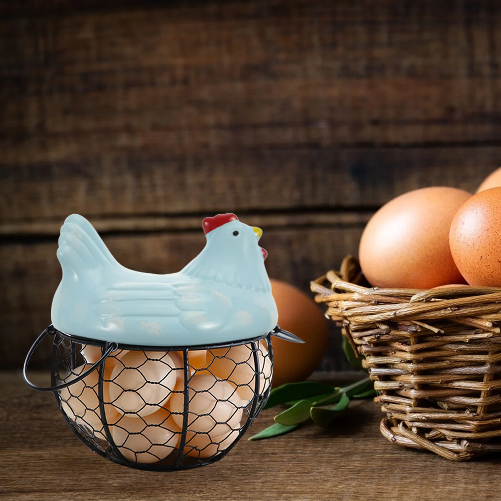 

1Pcs Chicken Egg Basket Iron Storage Basket Premium Ceramic Snack Holder Home Desktop Adornment Fruit Vegetable Organizer Gift