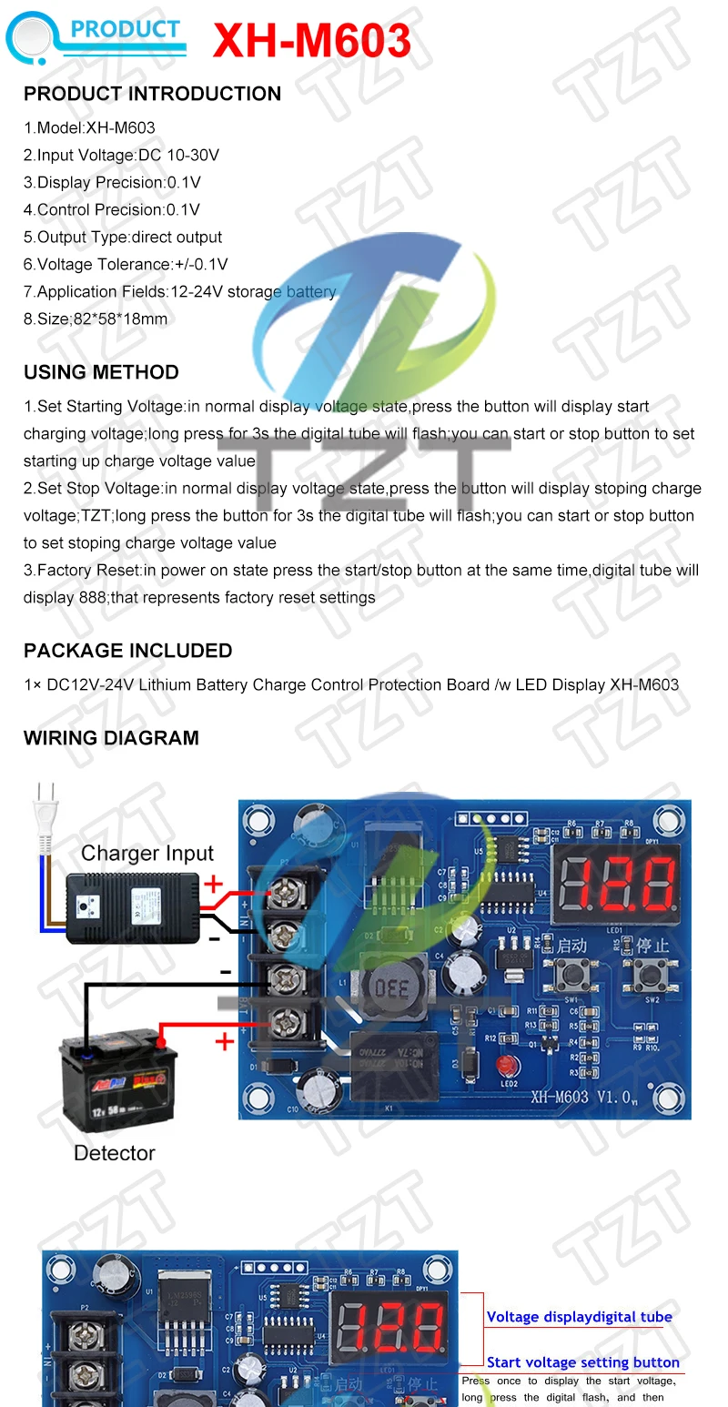 TZT XH-M603 Ladekontrollmodul 12-24V Lithium-Batterie-Ladegerät Steuerungsschalter Schutzplatine mit LED-Anzeige NEU – Detail 1