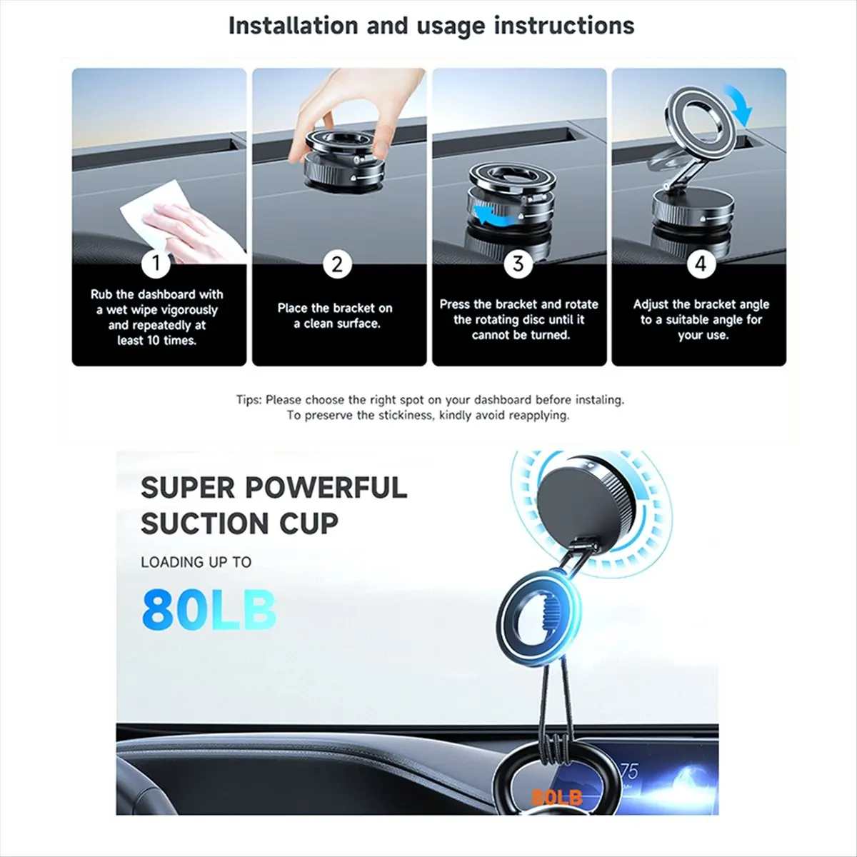 B21B Car Mount Vacuum Magnetic Holder Foldable Strong Suction Stand with Metal Hinges for Cell Phone Silver