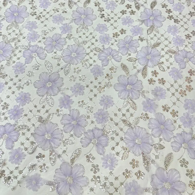 Beaded Sequin Floral Applique Embroidery Mesh Fabric Flower Pattern Wedding Gown Evening Dress Stage Outfit DIY by the yard