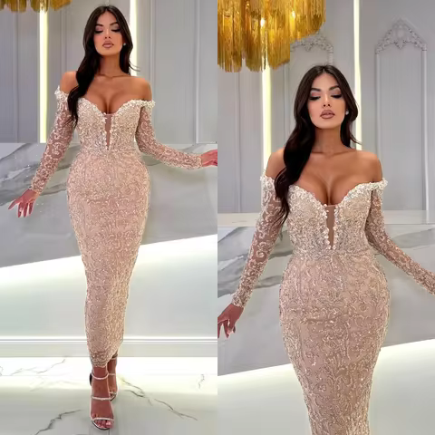 Customized Elegant Champagne Mermaid Evening Dress Off Shoulder Sequins Lace Dubai Formal Party Prom Dress For Special Occasion
