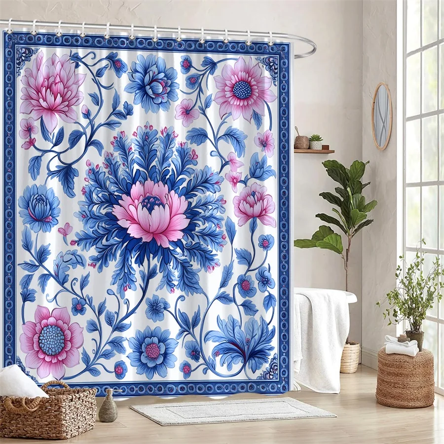 

1pc Vintage Chinese Porcelain Style Shower Curtain - Blue & White Floral Design with Large Pink Peonies, Machine Washable Polyes