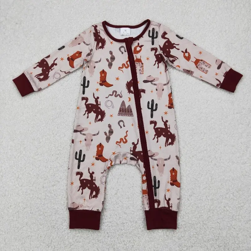 

8.14y Western style baby boy romper wholesale riding boots star brown zipper long sleeve boys brown onesie