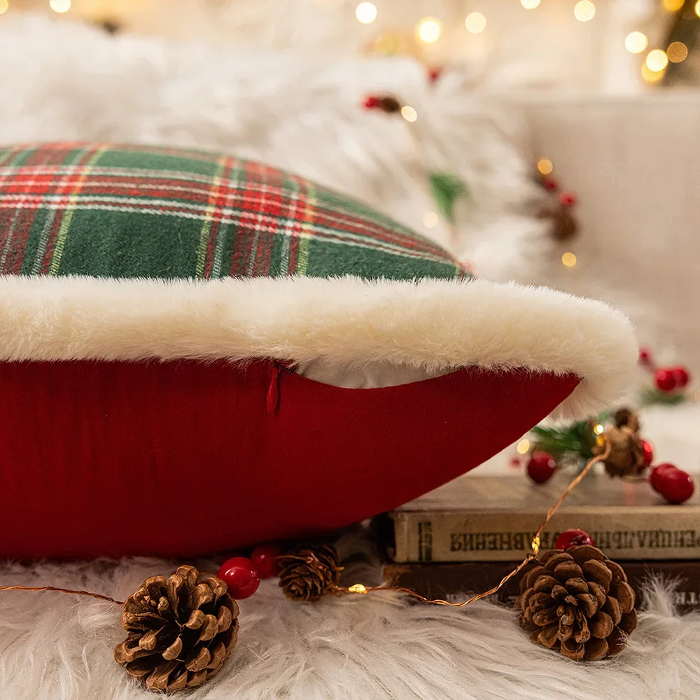 New Christmas Plaid Plush Edge Pillowcase, Winter Imitation Rabbit Fur Living Room Sofa Cushion New Christmas Party Decoration
