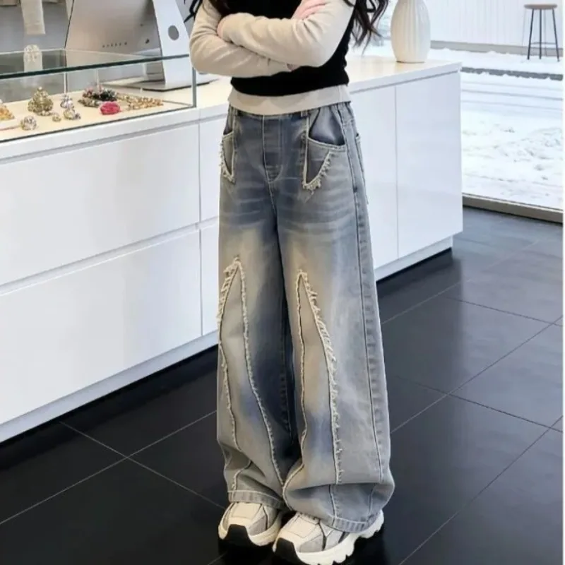 RAISE Spring Kids Girls Jeans Children Girls Wide Leg Pants Casual Patched Young Teenagers Girls Denim Pant 3-14Y Girls Trousers