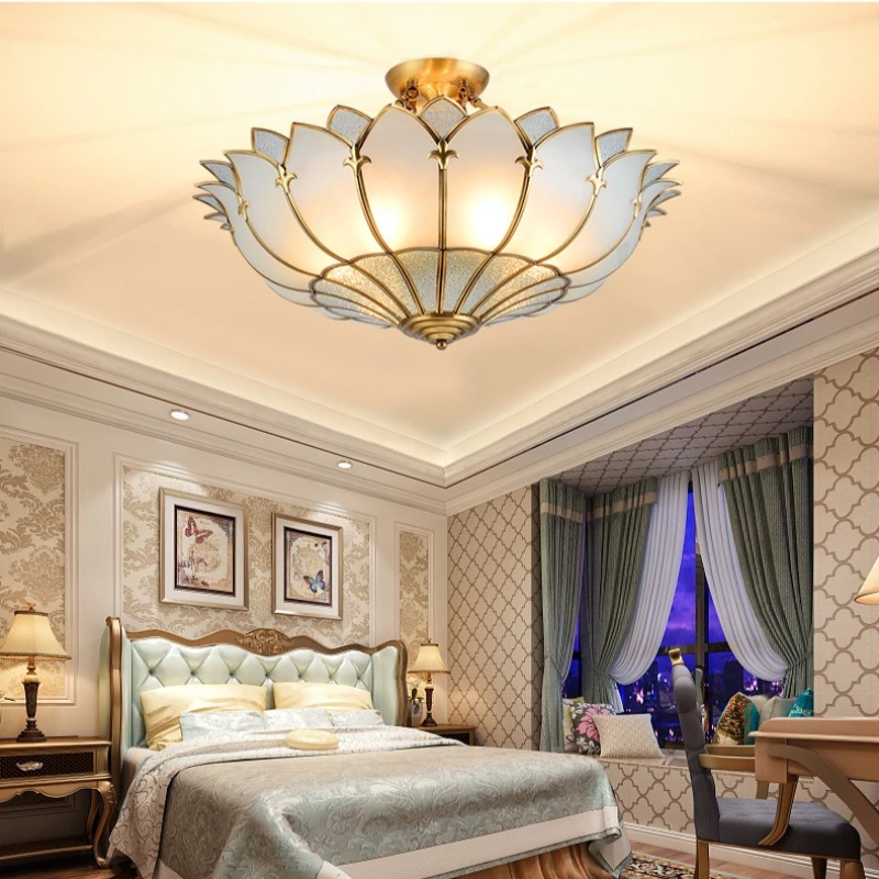 American Retro All Copper Ceiling Light Lotus Glass Lampshade Warm White Lighting LED Lamps for Villa Living Room Bedroom Decor