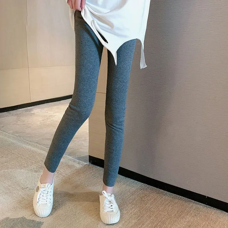 

Leggings Flare Woman Pantalones Spring Shiny Black Ladies Large Size Simple Daily Ribbed Frosted Water Wash Pockets Side Mesh Ol