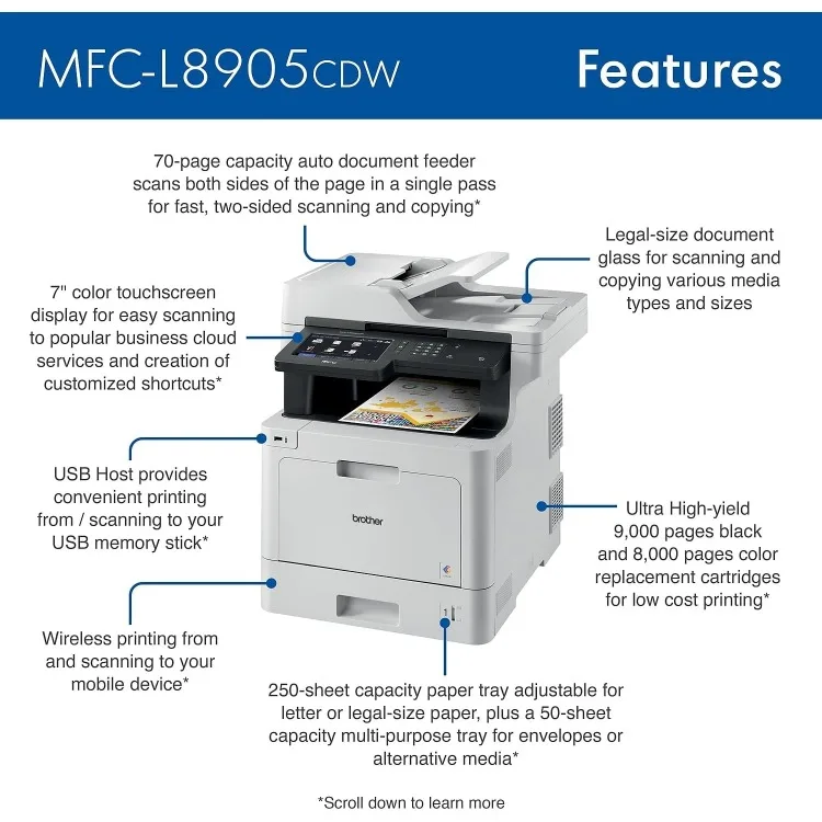 طابعة MFC‐L8905CDW ليزر ملونة للأعمال الكل في واحد، شاشة لمس 7 بوصة، طباعة/مسح مزدوج، لاسلكية