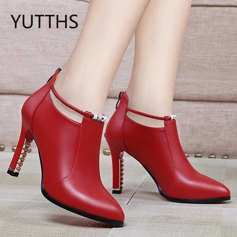 Botas Mujer Winter Boots Women 2023New Shallow Pointed Toe Red Women\'s Boots Thin Heels Zip Ankle Boots Leather Zapatos De Mujer