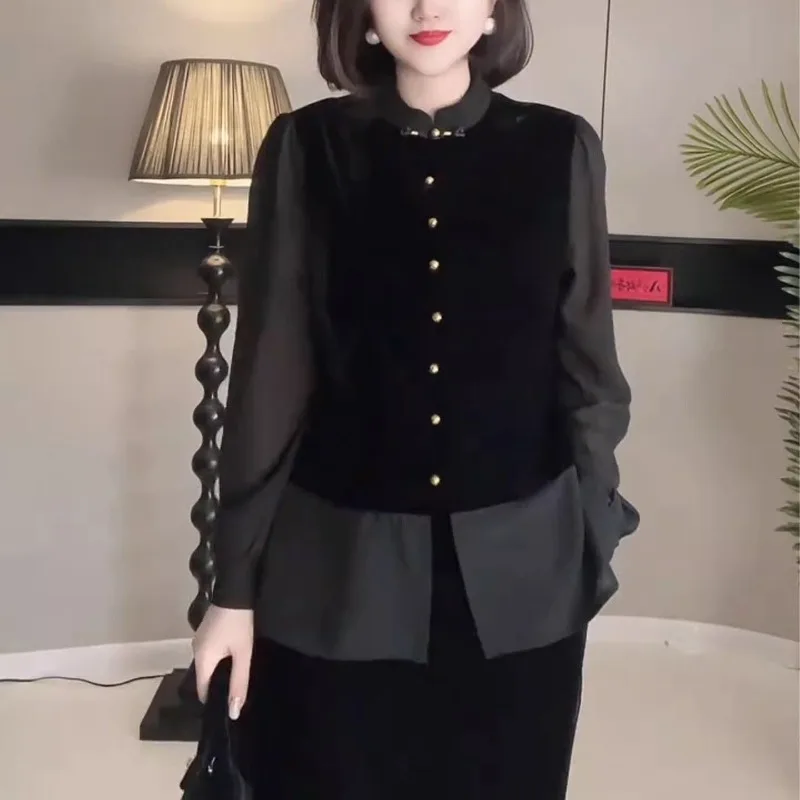 

Women Black Stand-up Collar Splicing Velvet Long-sleeved Shirt 2026 Autumn Female New Exquisite High-end National Style Top Tide