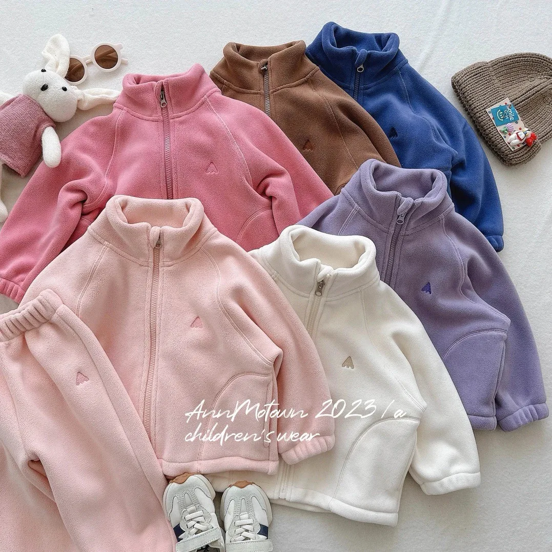 Autumn Winter Children Girls 2PCS Clothes Set Polar Fleece Zipper High Neck Jacket Solid Casual Pants Suit Toddler Girls Outfit