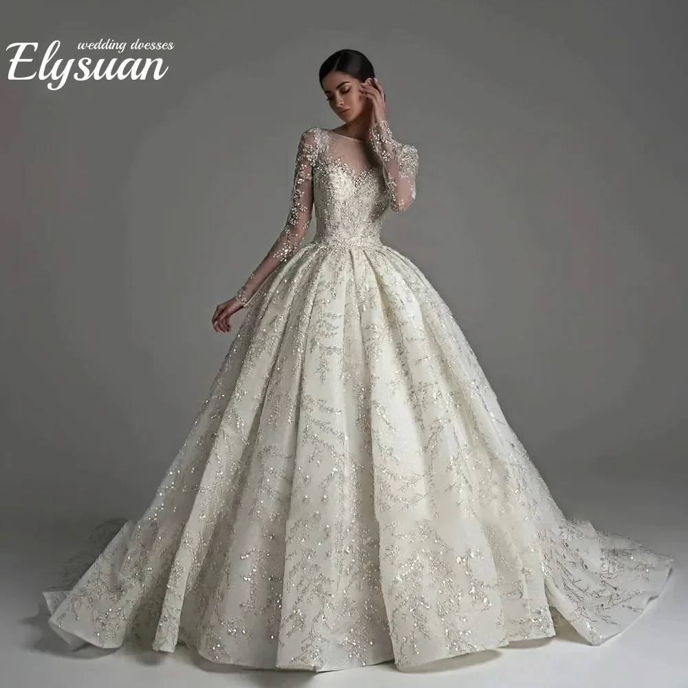 فساتين زفاف مخصصة بأكمام طويلة فساتين زفاف الأميرة الكرة ثوب الزفاف س الرقبة الدانتيل رداء دي ماري فيستدو دي نوفيا