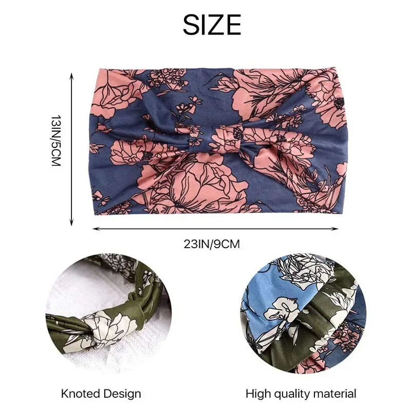 New Boho Flower Print Wide Headbands Vintage Knot Elastic Turban Headwrap for Women Girls Cotton Soft Bandana Hair Accessories