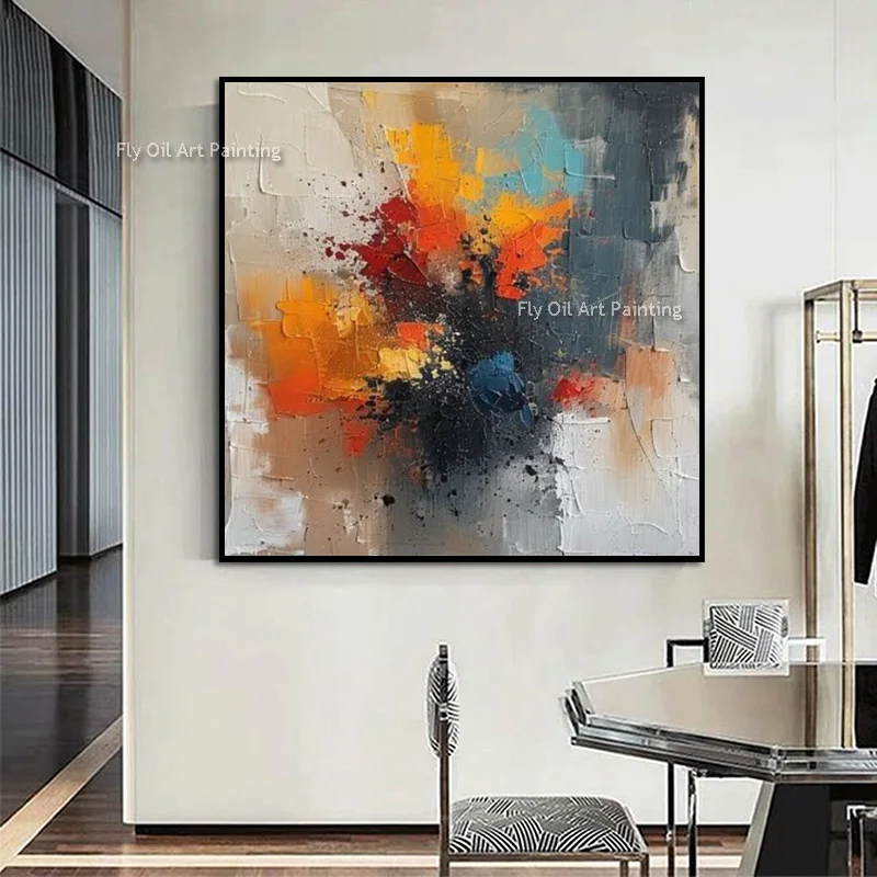 Thick Textured Hand Painted Splash Artwork, Multicolor Splatter Oil Canvas, Modern Sofa Background Wall Decor