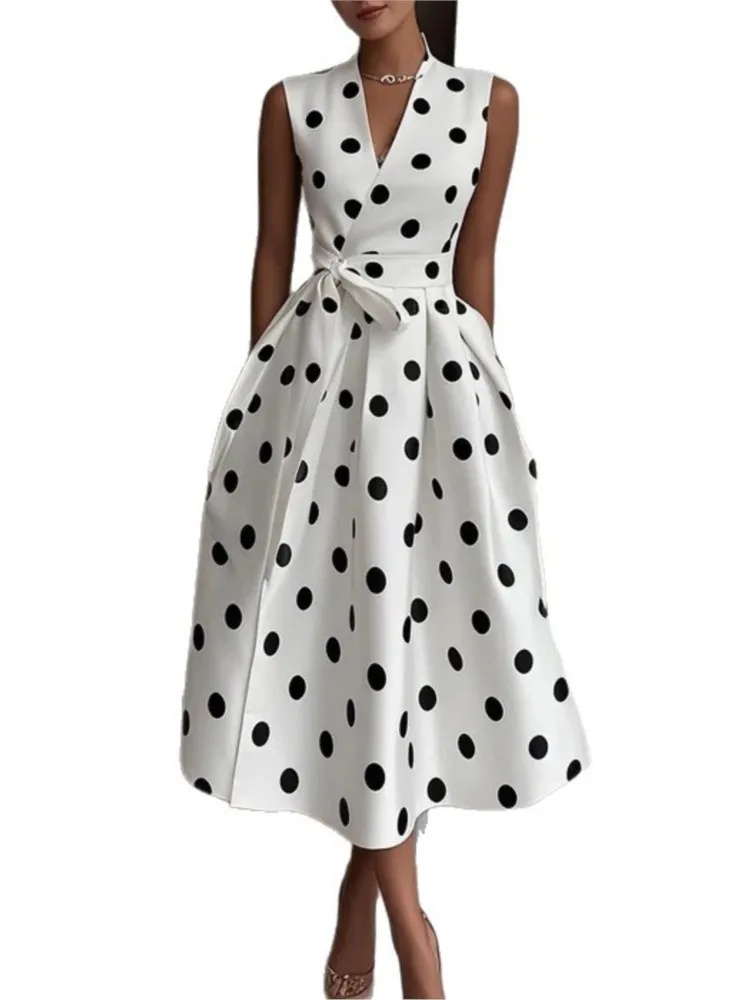 Verão novos vestidos de renda para mulheres sem mangas retro bolinhas com decote em v preto branco pin up festa corda grande vestido de balanço