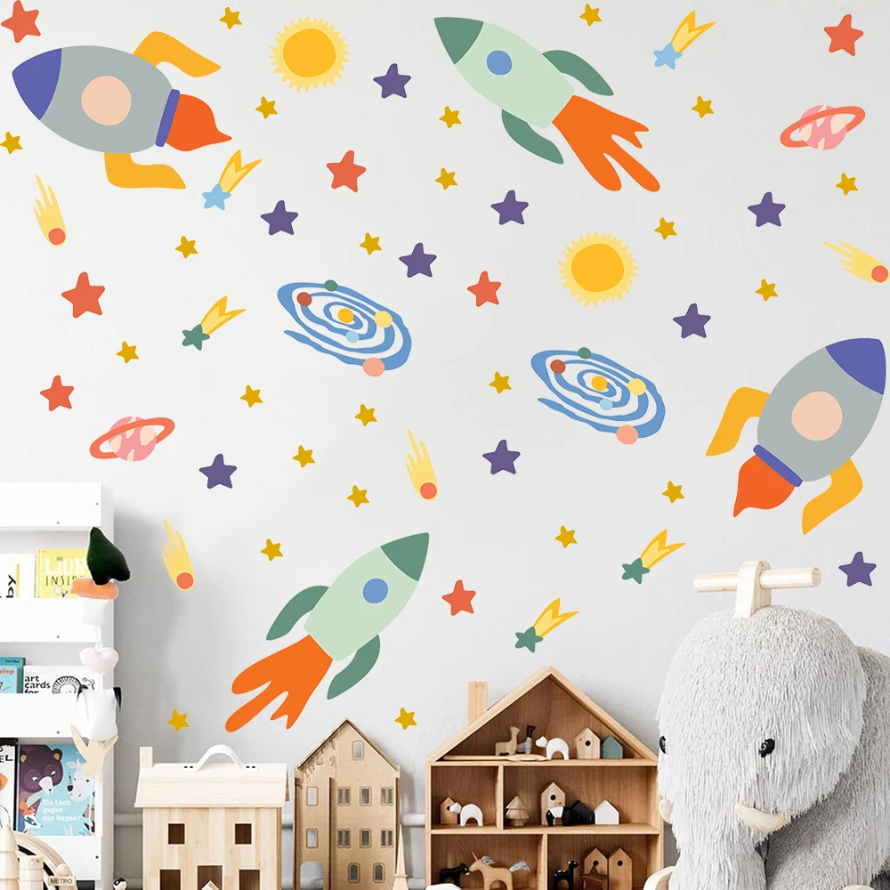 Cartoon Cosmic Space Rockets Wall Decals Stickers Galaxy Planet Stars Space Objects Wall Decals for Kids Bedroom and Playrooms