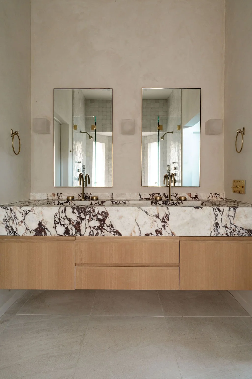 Artisan Customized Timber Veneer Vanity White and Brown Marble Counter On Washed Floating Sink Vanity