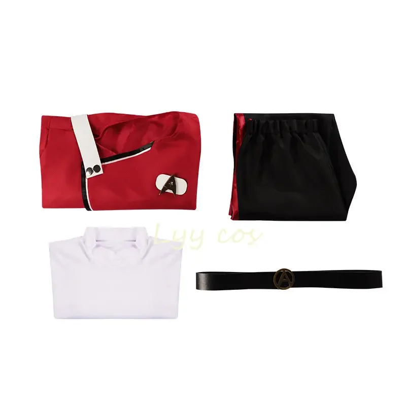 Disfraz extraño de Anime Worlds Treks, chaquetas rojas de capitán Pike, pantalones superiores, camisetas interiores, uniformes de la Flota Estelar, conjunto de Halloween