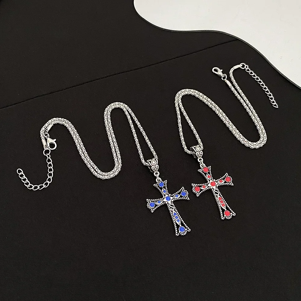 Vintage Baroque Christian Cross Necklace for Women Man Silver Color with Crystals Gothic Crucifix Symbol Easter Unisex Jewelry