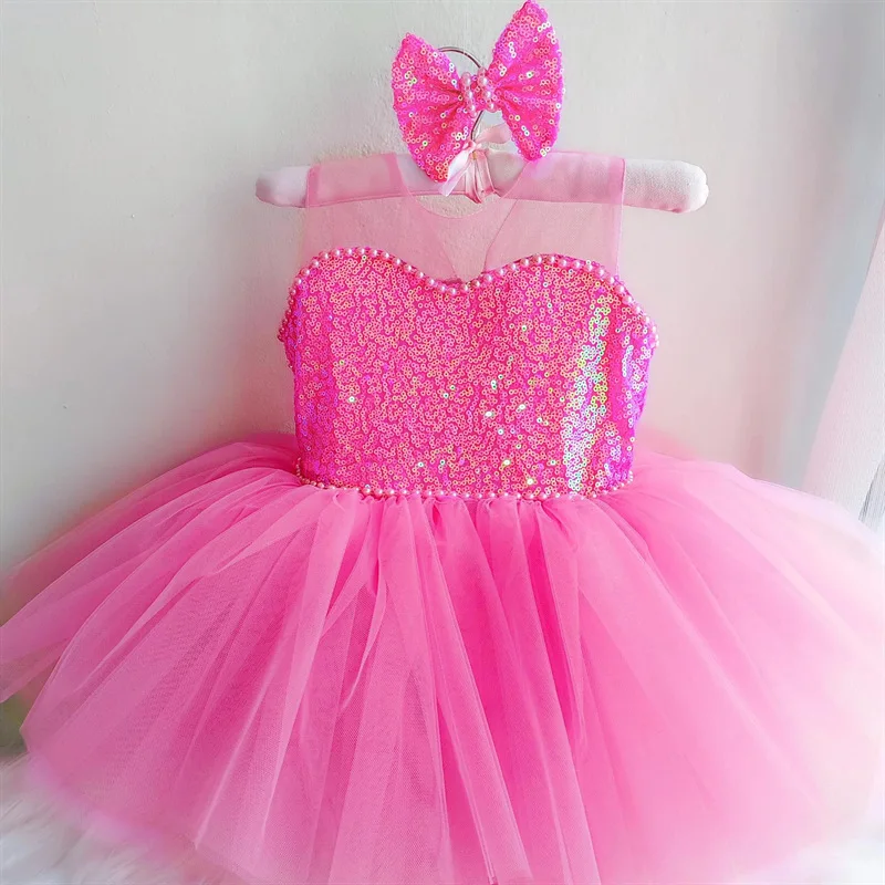 

Baby Girls' Wedding Birthday Party Sheer dress 2025 Children's Pink Sequined pearl Bareback Princess tutu Girls' Ball Dress