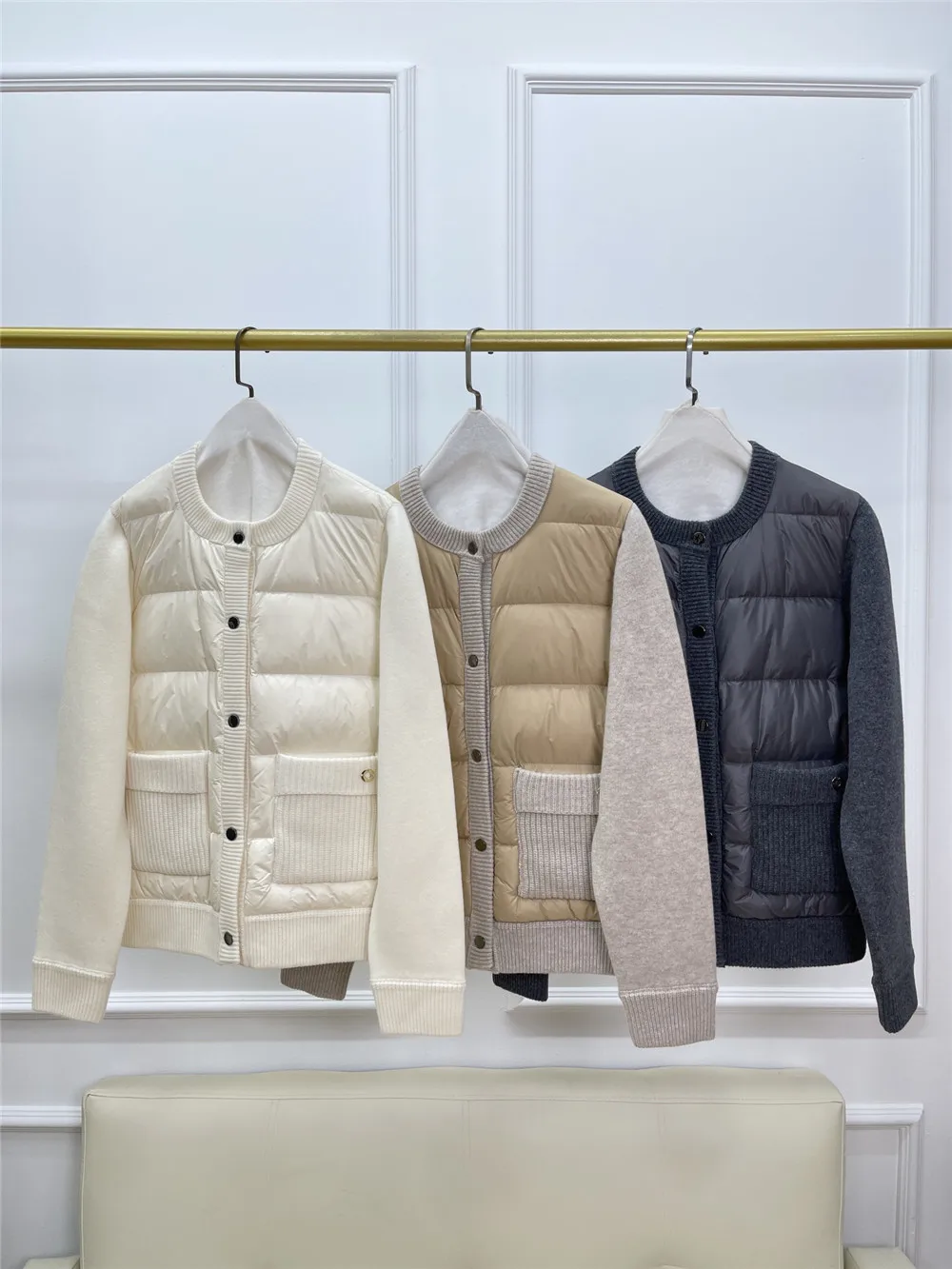 Winter L*P Goose Down Jacket Knitted Sleeves O-Neck Single Breasted  Double Pocket Bread Clothes Warm Coat