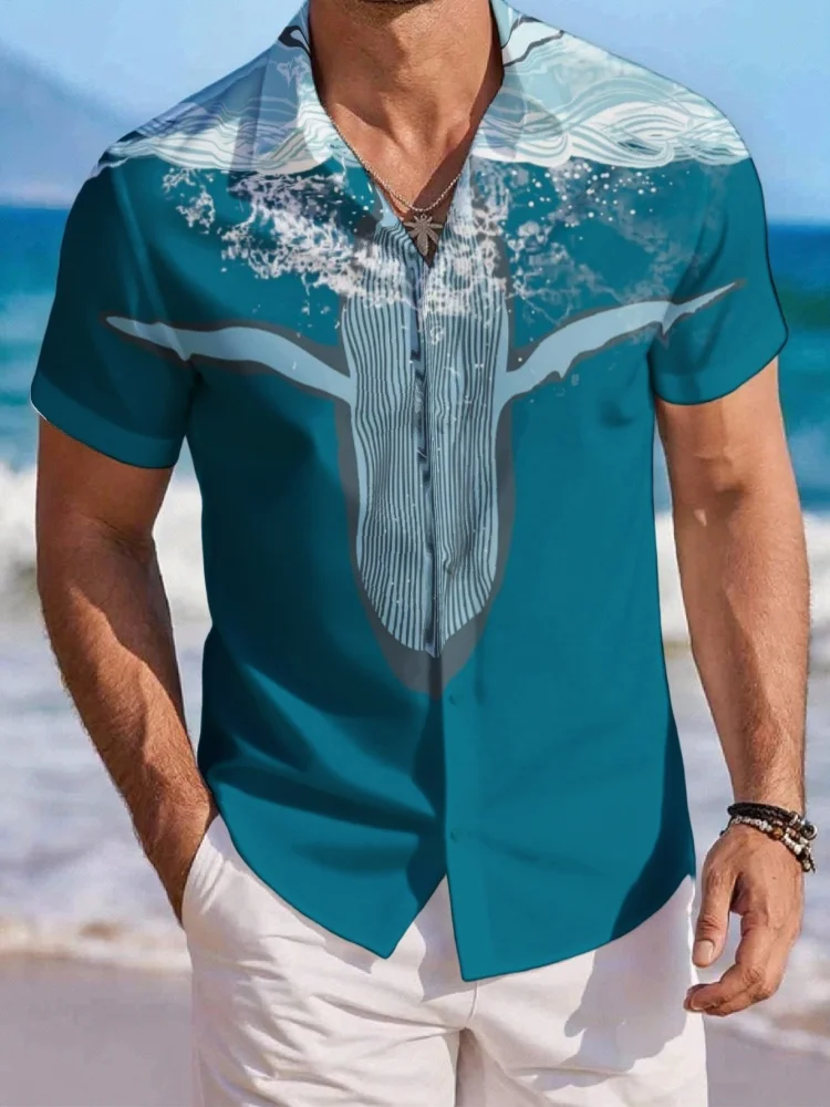 

Summer Streetwear Chic Shirts Men's Holiday Tropical Fish Print Hawaiian Camp Collar All-Over Pattern Short Sleeve Beach Tunics