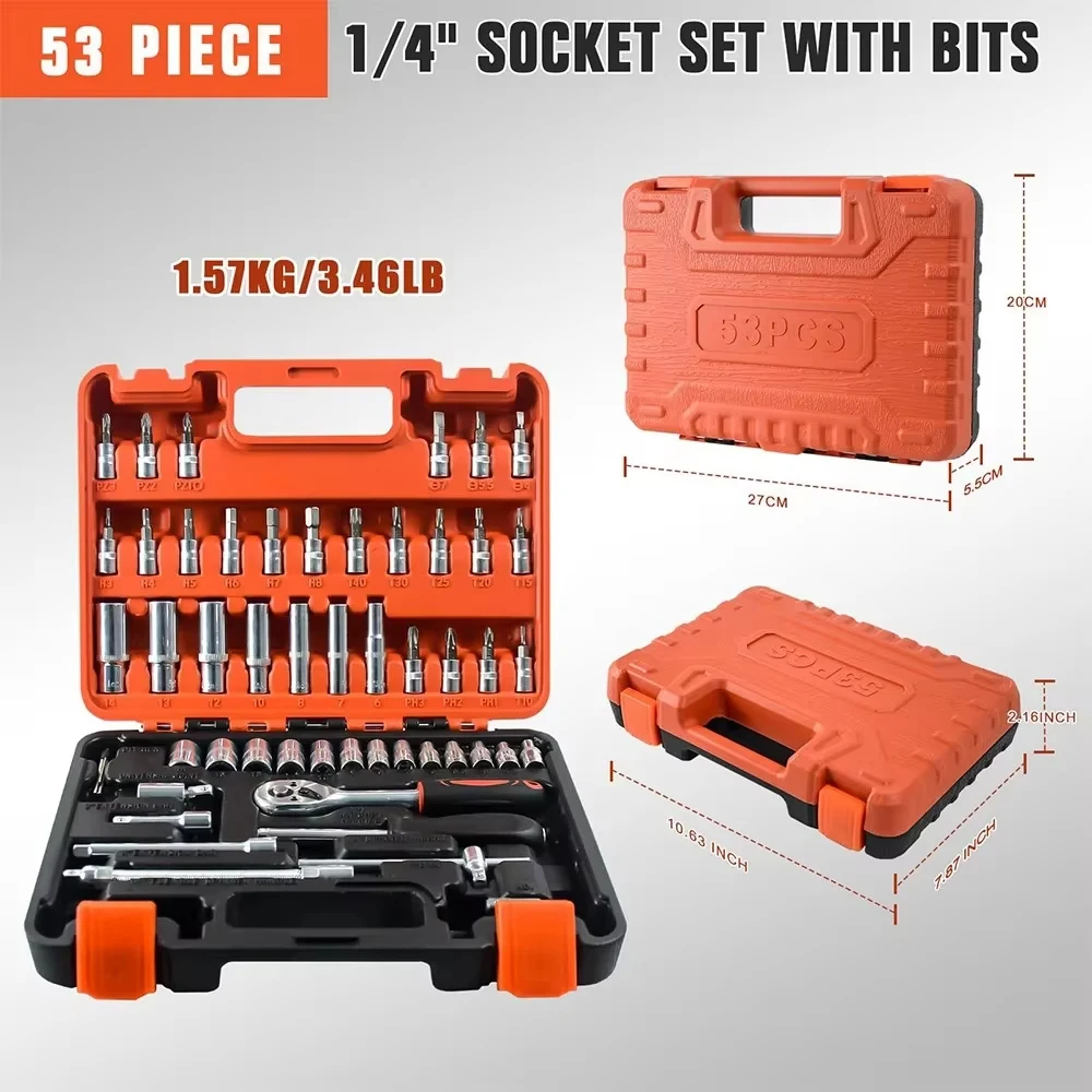 

53 PCS 1/4 ratchet wrench set, tube wrench tool, repair master auto repair set, Cr-V alloy steel forging, hardware repair