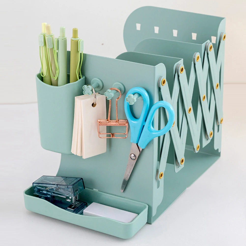 Book Ends 4"-17" Extension Range 3 Dividers Adjustable Metal Book Holders With Removable Pen Holder Tray And 3 Hooks For Desktop