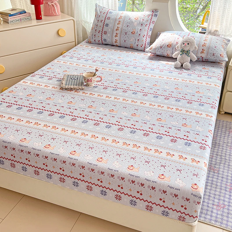 Puff Gauze Bed Sheets Printed Fitted Sheet colcha de cama casal Single/Queen/King Size Bed Sheet with Elastic Comfortable 침대패드