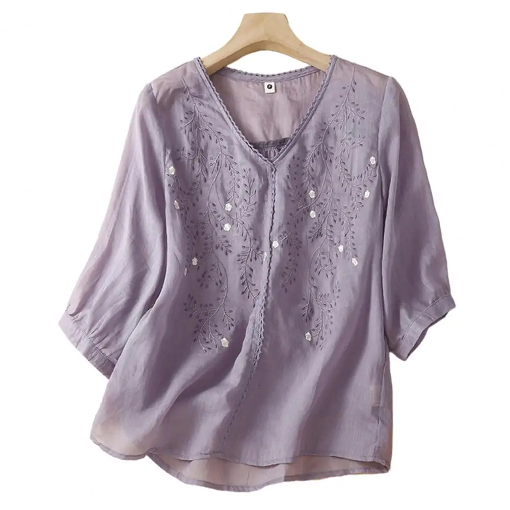 

Summer Blouse Lady Flower Embroidery V Neck Half Sleeves Solid Color Loose Pullover OL Commute Blouse Top Women Clothing 2023