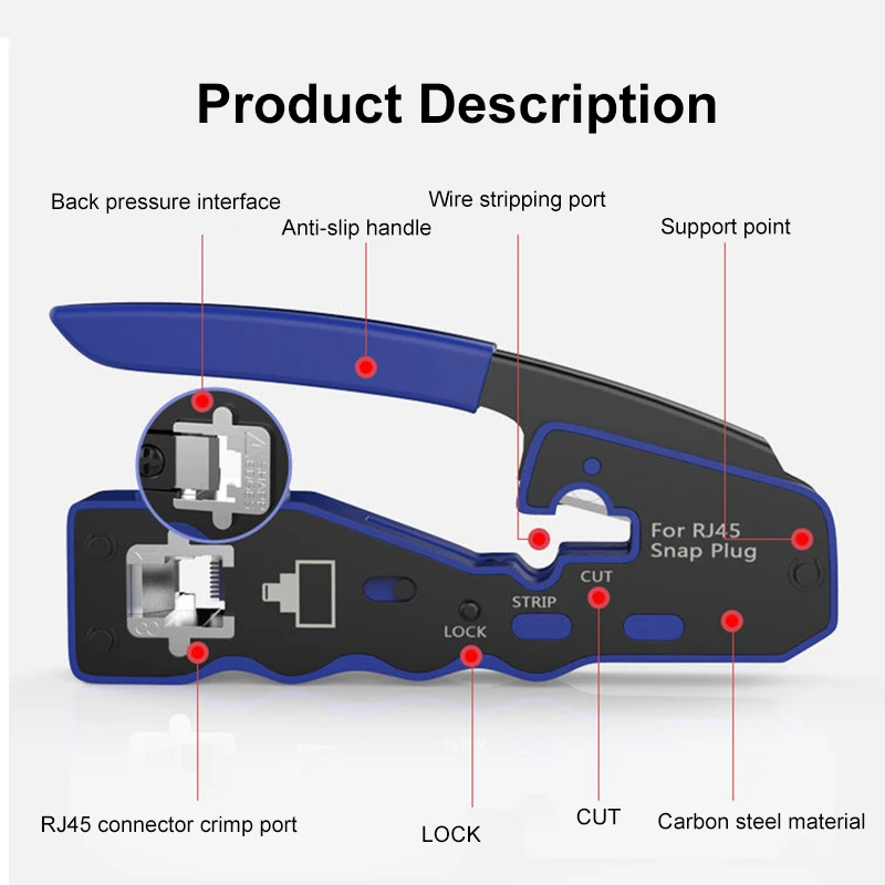 RJ45UTP tang Crimping instalasi, alat jaringan multifungsi kabel Ethernet melalui lubang konektor CAT5/6/7/8