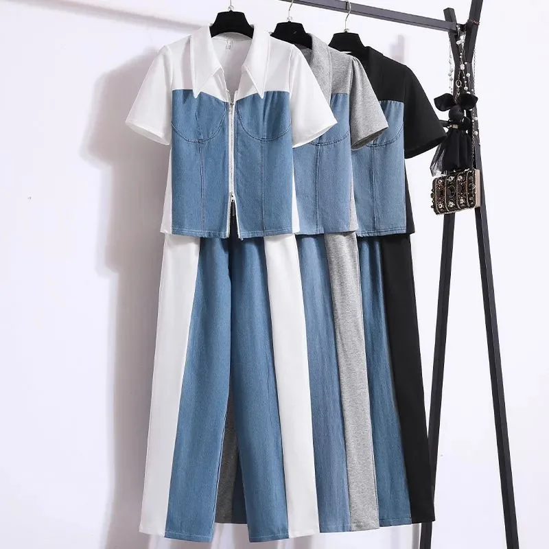 Oversized 4XL Two-piece Patchwork Denim Set For women\'s 2024 Summer New Polo collar Zipper Top+Wide leg pants Female Casual Sets