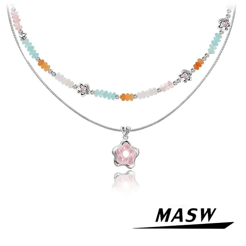 

MASW Original Design Sweet Jewelry Two Layer Thick Silver Color Flower Colorful Bead Necklace For Women Spring Summer Trend