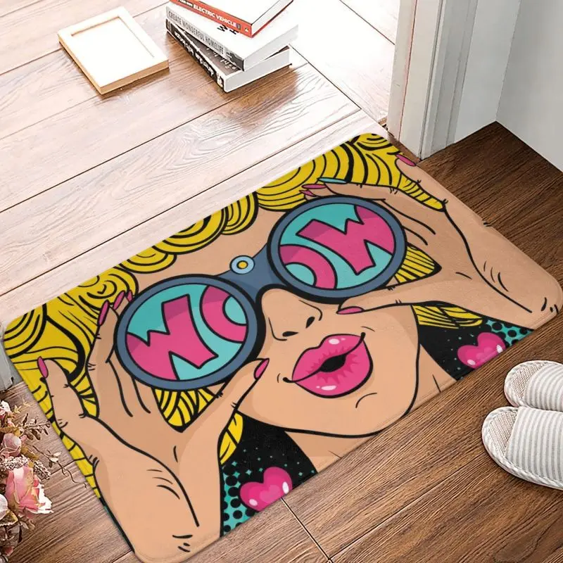 Custom Wow Pop Art Sexy Surprised Lady Doormat Non-Slip Entrance Kitchen Bathroom Floor Door Mat Cartoon Girl Carpet Rug