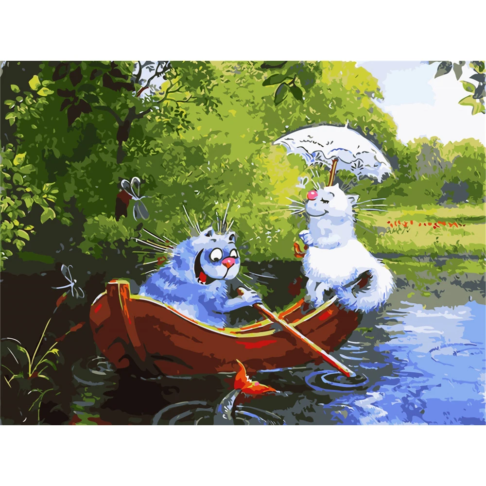 Cartoon Blue White Cat Printed Water-Soluble Canvas 11CT Cross-Stitch Set DIY Embroidery DMC Threads Hobby Sewing     Different