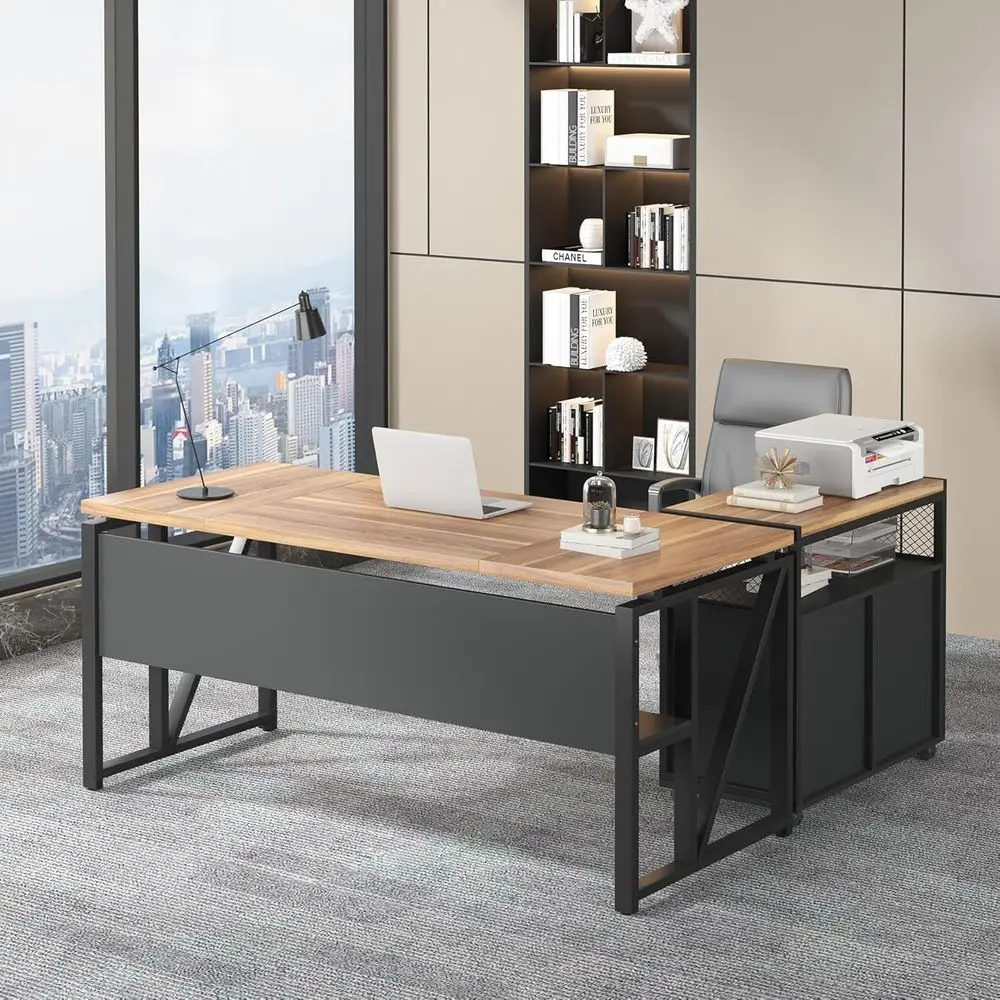 

Large L-Shaped Office Desk with Reversible File Cabinet, Ideal for Business or Home Office