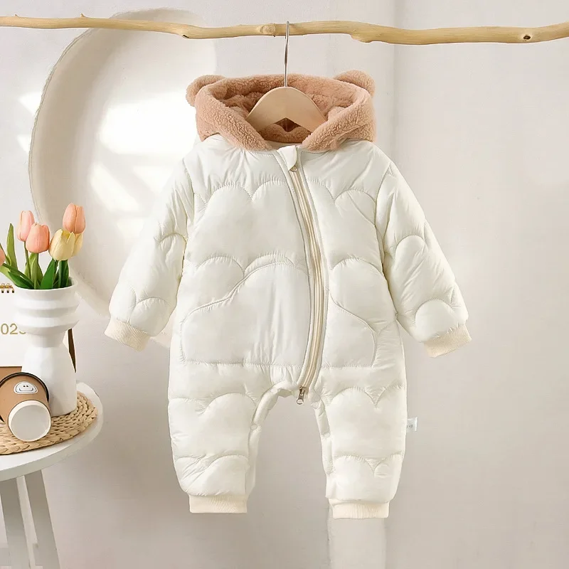 MILANCEL Winter Baby Clothing 0-2Y Newborn Thickened Jumpsuit Boys Fur Lining Hooded Romper Girls Warm Fleece Quilted Outwear