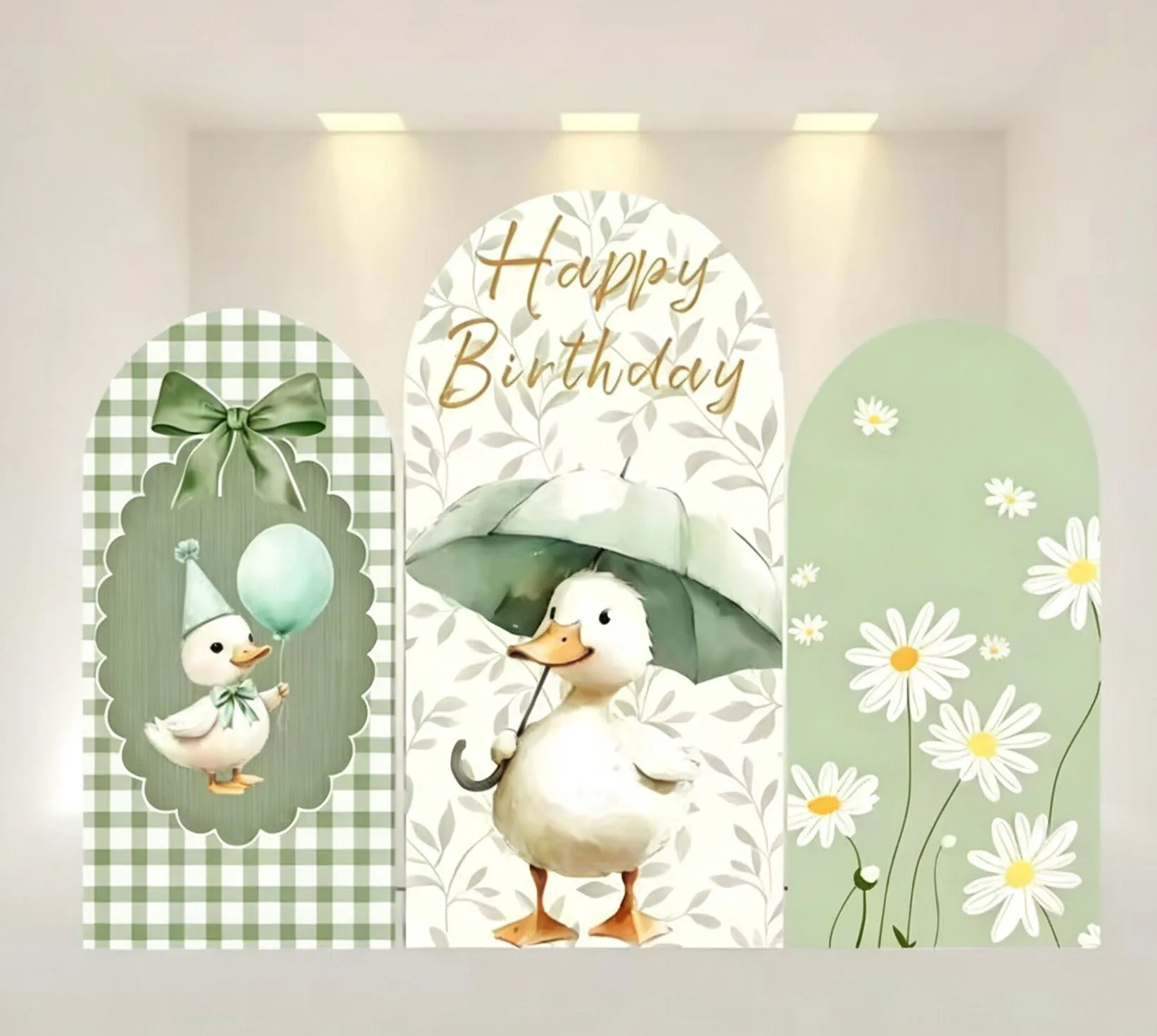 Custom 2-Side Goose Baby Shower Arch Backdrop Cover Green Checkered Bow Balloon Flower Birthday Party Decor Backdrop Photo