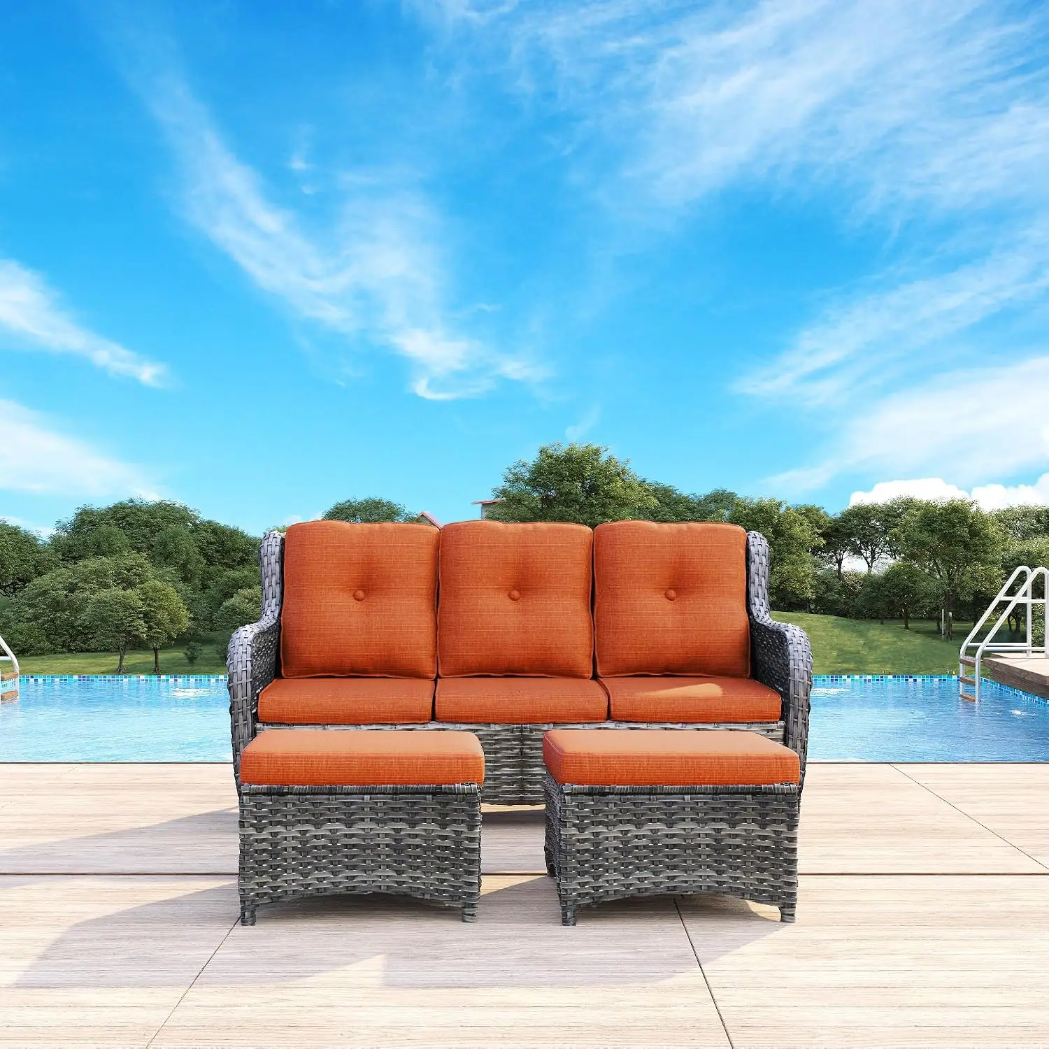 3-Piece Wicker Patio Sofa Set with Ottoman & Olefin Cushions, Outdoor Sectional Furniture for Balcony Garden, Customized