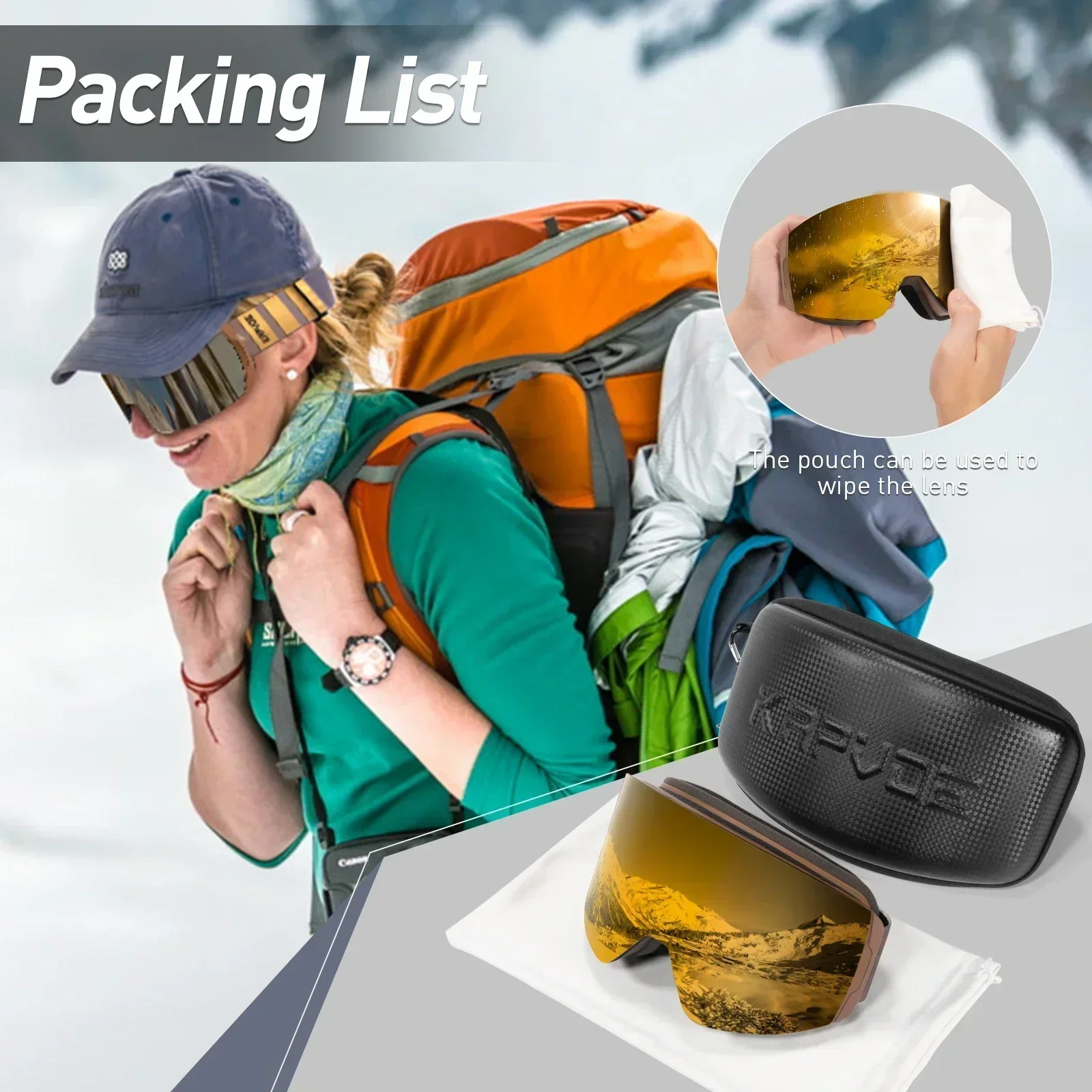 Kapvoe Ski Goggle Case Set Snowboard Anti-Fog for Men Women Eyewear Kit UV400 Snow Glasses Sunglasses with Extra Yellow LENS - view 6