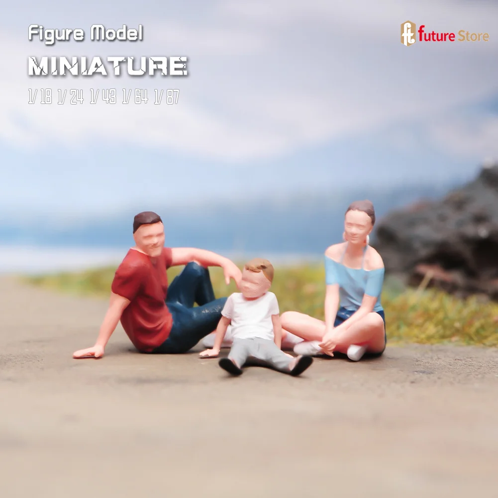 Figura em miniatura 1/87 1/64 1/43 1/24 1/18 uma família de três passeios sentar na grama diorama mini boneca cena adereços modelo decoração artesanato