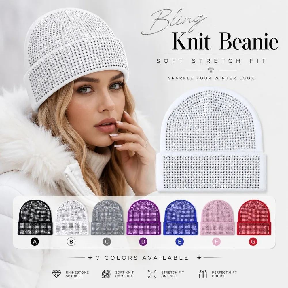 Casual Windproof Rhinestone Knitted Cap Shiny Rhinestone Keep Warm Beanie Hat Pullover Hats Women